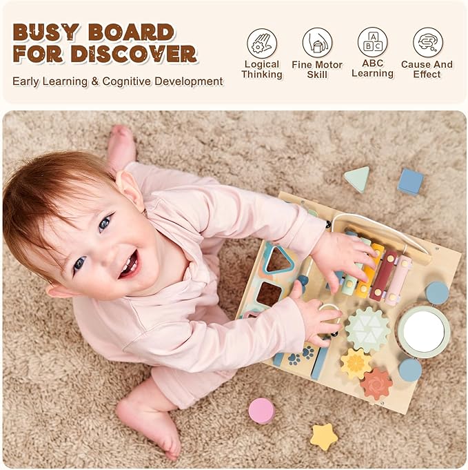 LOL-FUN Wooden Baby Walker with Detachable Busy Board, Push Walker for Baby with Adjustable Speed Wheels, Activity Learning Walker for Boys Girls 6-12 Months