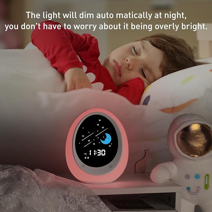 Kids Alarm Clock, Toddler Sleep Training Clock with Sun & Moon, Sound Machine, Night Light, Ok to Wake Alarm Clock for Children