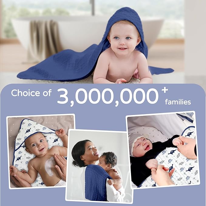 Yoofoss Hooded Baby Towels for Newborn 2 Pack 100% Muslin Organic Cotton Baby Bath Towel with Hood for Babies, Infant, Toddler and Kids, 32x32Inch, Soft and Absorbent Newborn Essential, Navy Dinosaur