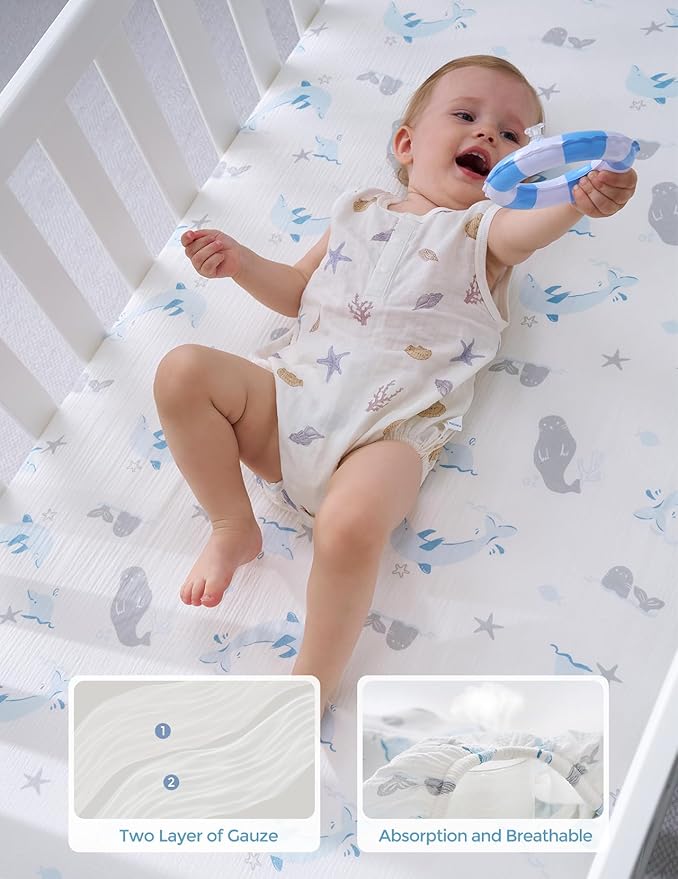 Momcozy Muslin Fitted Mini Crib Sheets, 38''x26'', 2 Pack Soft Breathable Natural Cotton Baby Mattress Sheet, 360° Mattress Wrapping No Slip Boys Girls Neutral Toddler Bed Sheet, Ocean Sound