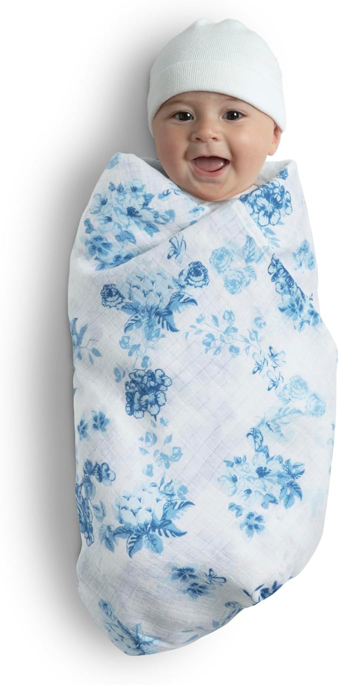 Delta Children 100% Cotton Muslin Baby Receiving Blankets for Girls and Boys – 47x47 Inches (Pack of 4), Blue Botanicals