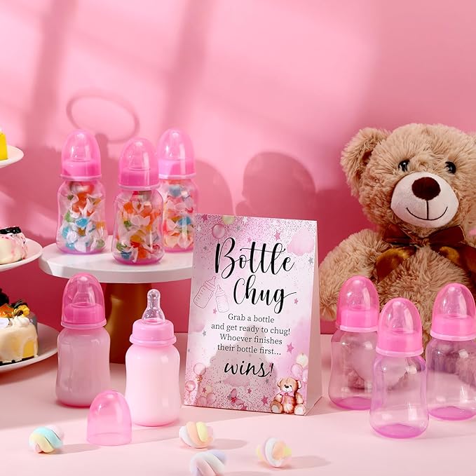 TrelaCo Bottle Chug Baby Shower Game 20 Pcs Baby Bottles Shower Favor with 1 Bear Theme Sign for Gender Reveal Party Supplies Gifts(Transparent Pink)