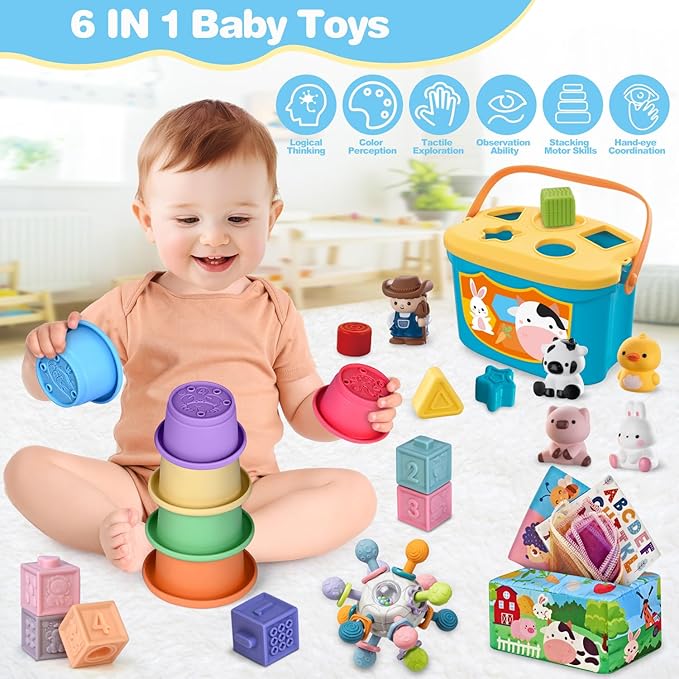 6 in 1 Baby Toys, 6-12 Months Baby Toys, 0-6 12-18 Montessori Toddler Gifts for Toddlers, Farm Animals Playset & Teething & Stacking Building Block Cup & Tissue Box & Sensory Bin for Development