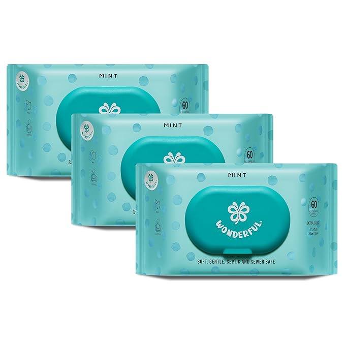 WONDERFUL Flushable Wipes, Mint 100% Plant-Based Wet Wipes for Adults & Kids, Sewer & Septic Safe, Gentle for Sensitive Skin, Wipes Flushable Pack for Bathroom & Travel, 3-Pack (180 Counts)