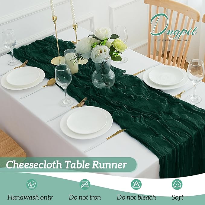 12Pack Emerald Green Table Runner 35 x 120 inch Cheesecloth Table Runner 10FT Boho Table Runners Rustic Gauze Cheese Cloth Table Runners for Party Wedding Birthday Dining Bridal Baby Shower Decor