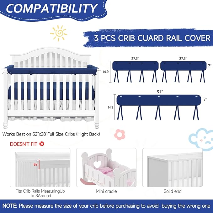 Navy Blue 3pcs New Teething Edge Crib Rail Cover&Corner Guard Coverage Straps,Reversible Guardrail Cover Protector for Boys Girls(1 Long 2 Short)