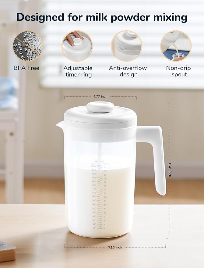 Electric Formula Pitcher, 36 oz Baby Formula Mixing Pitcher, Automatic Baby Formula Mixer, Bidirectional Stirring Breastmilk Pitcher, Locking Lid Smooth Formula Maker Milk Storage for Fridge(White)