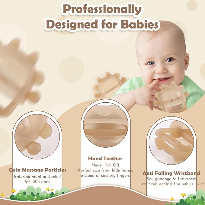 Anboor Baby Teething Toys, Silicone Teethers for Babies Anti Dropping Hand Teether, Infant Baby Chew Toys for Teething Relief, Ideal Present for Newborn Soon-to-be Mothers(Brown)