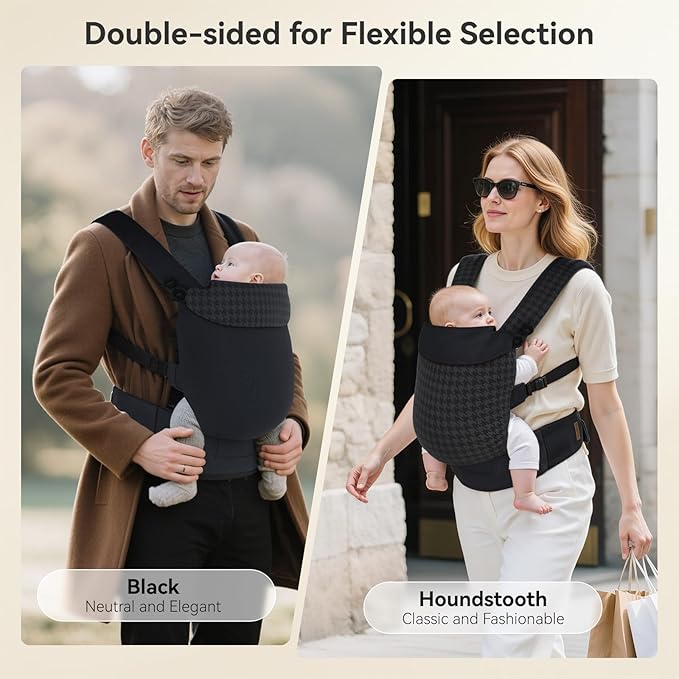 Reversible Lyocell Baby Carrier – Lightweight, Cooling, Breathable Ergonomic Support for Newborn to Toddler (7–44 lbs), Easy Hands‑Free On with Enhanced Lumbar Support – Houndstooth & Black