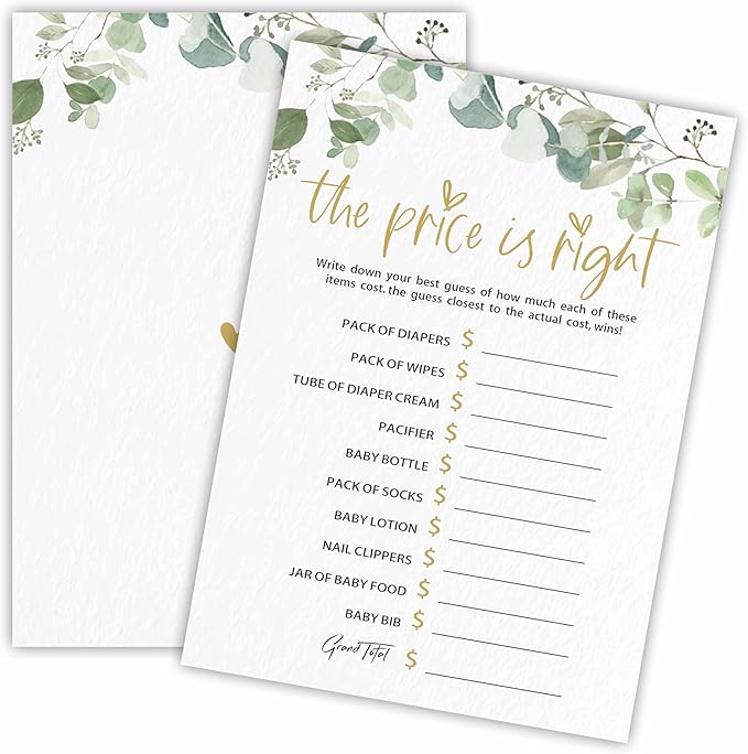 The Price is Right - Baby Shower Game Cards - Golden Greenery - 30 Double-Sided Fill in Style Game Cards for Gender Reveal, Baby Announcement, Party Games & Activity - D10