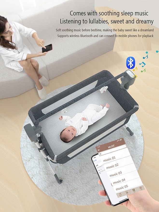 Electric Bluetooth Smart Next to Me Crib, Bassinet Cradle with Lullaby Music, Baby Bedside Crib for Newborn, Baby Co-Sleeper Cot with Mattress, Remote and 5 Swaying Gears(MG601-Khaki)