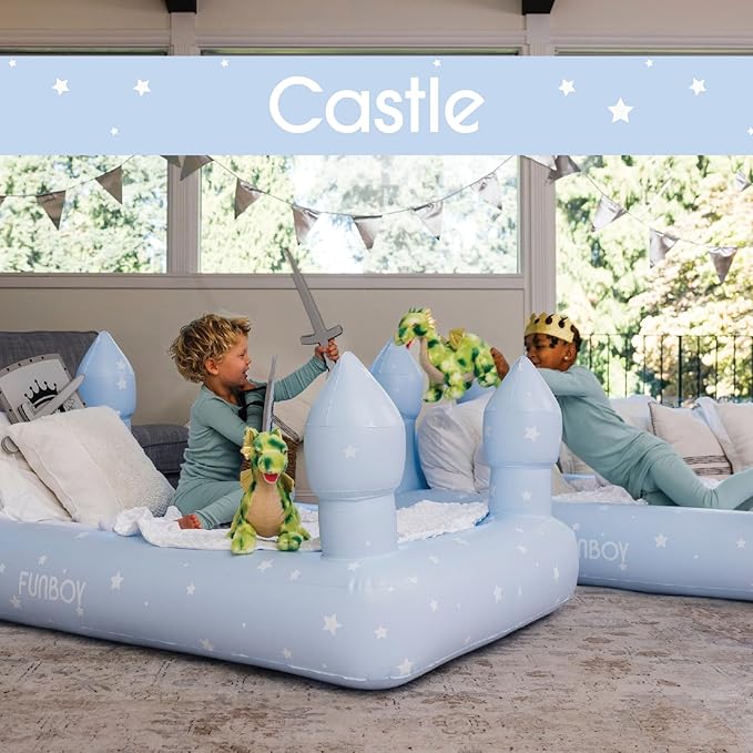 FUNBOY Kids Blue Castle Sleepover Travel Bed & Air Mattress. Perfect for Sleepovers. Includes Carrying Storage Bag, Twin