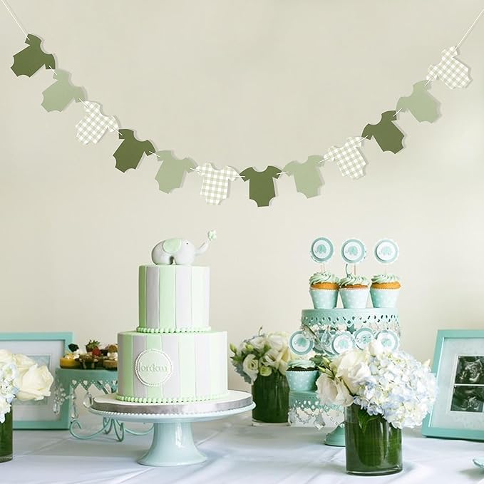 Green Bodysuit Banner - Green Gingham Banner,Baby Shower Decoration,Green Baby Shower Bunting,Girl Boy Baby Shower Decor (green)