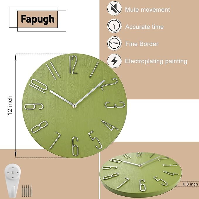 12 Inch Wall Clock Silent Non Ticking, Preciser Modern Style Decor Clock for Home, Office, School, Kitchen, Bedroom, Living Room(Yellow Green)