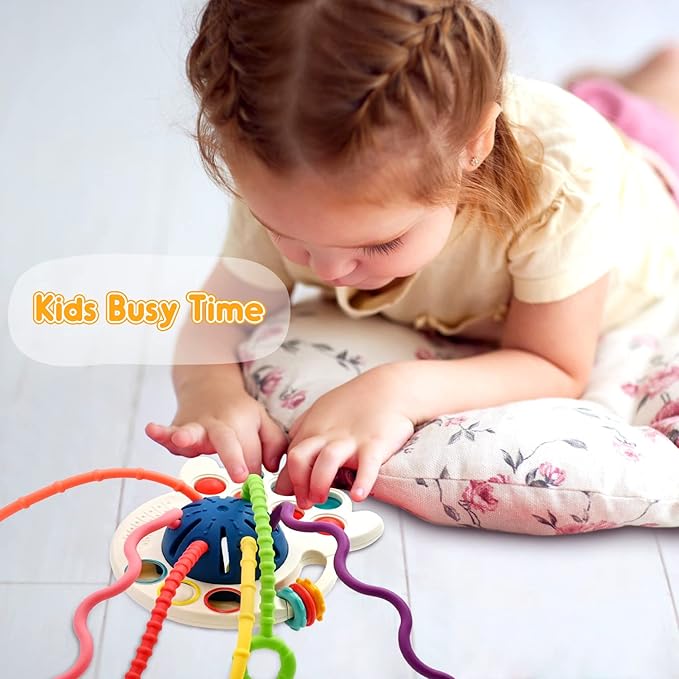 AiTuiTui Sensory Montessori Baby Toys 6-12 Months, Infant Toddler Travel Toys for 1 2 Year Old Boy Girl Birthday Gifts, Soft Teething String Fidget Educational Learning for 9 10 18 Months, Blue