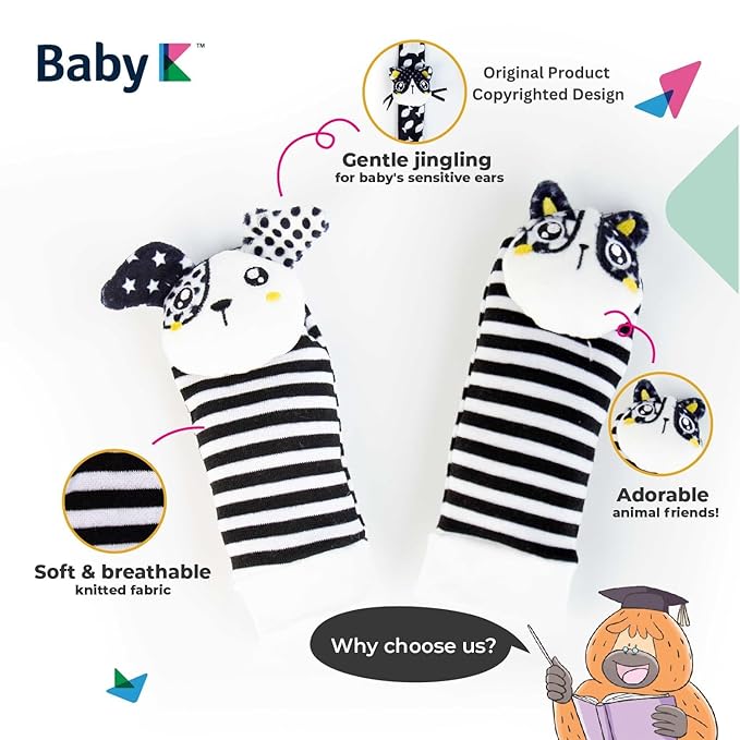 BABY K Rattle Socks & Wrist Rattles and Hand Rattle (Set G+ Dog A) - Newborn Toys for Baby Boy or Girl - Brain Development Infant Toys - Hand and Foot Rattles Suitable for 0-3, 3-6, 6-12 Months Babies