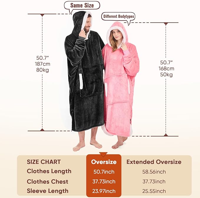 yescool Wearable Blanket Hoodie - birthday gifts for Adults/Women/mom, Flannel Cozy Sherpa Fleece Blanket Sweatshirt with Hood, Pocket & Sleeves, Large, One Size Fits All (Black)