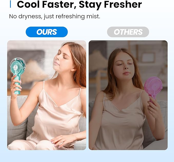 KIBEE Portable Misting Fan - 4000mAh Rechargeable, 50ml Water Tank, Foldable 180° Handheld with Mist Spray, 3-Speed Personal, Portable Charger for Travel, Outdoors, Makeup & More(Green)