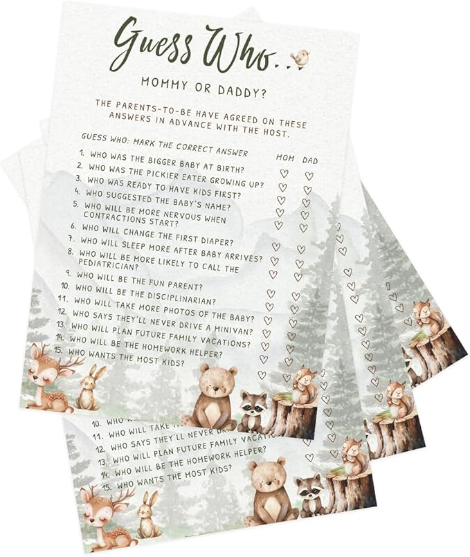 Printed Party Woodland Baby Shower Games for Boy – Set of 4 Games for 30 Guests, Forest Animal Theme, Includes Bingo, Mommy Trivia, Emoji Storybook, and Guess Who