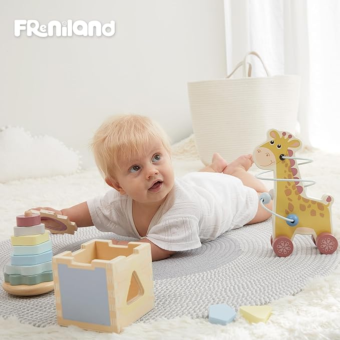 FReniland Montessori Toys for 1 Year Old,3-in-1 Wooden Baby Toys,Wooden Stacking Toy,Toddler Shape Sorting Cube, Giraffe Ring Toy,Newborn Baby Gift Sets for Boys and Girls
