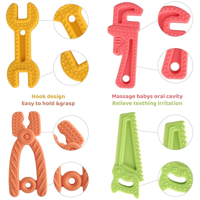 8 Pack Chew Baby Teething Toys for 0-12 Months, Freezable BPA Free Silicone Baby Molar Teether Chew Toys, Hammer Wrench Spanner Pliers Hand Saw Shape Baby Girl's Boy Car Seat Toy