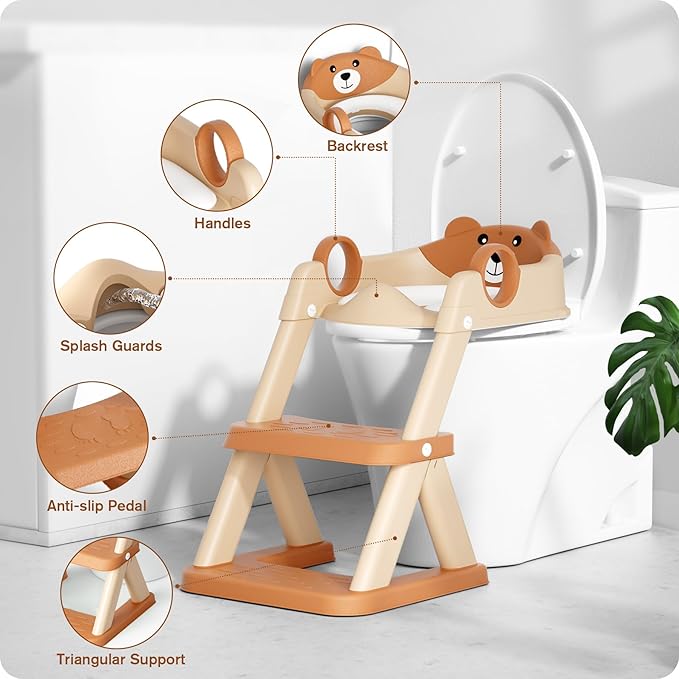 Potty Training Seat, Upgrade Toddler Toilet Seat for Kids Boys Girls, 2 in 1 Potty Training Toilet for Kids, Splash Guard Anti-Slip Pad Step Stool(Brown)