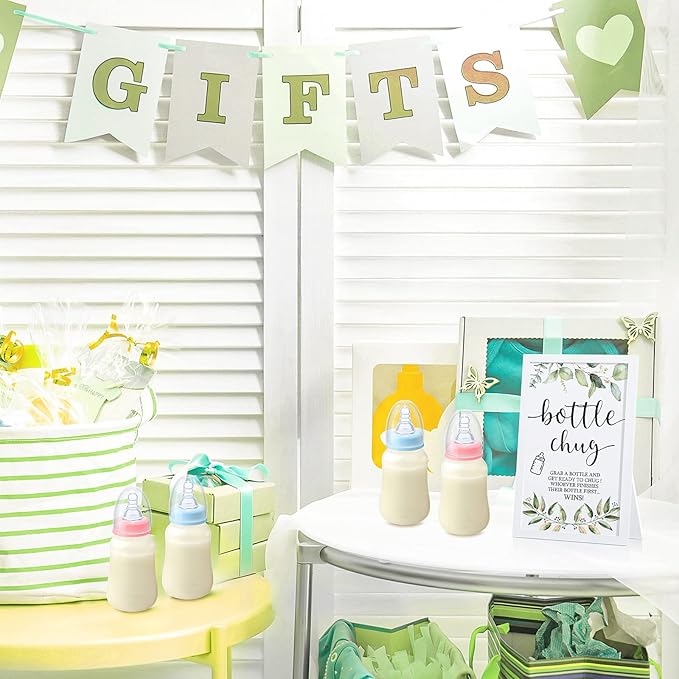 Roowest Bottle Chug Baby Shower Game Favors Including Eucalyptus Theme Wooden Sign and 18 Pcs Baby Bottles for Gender Reveal Party Supplies