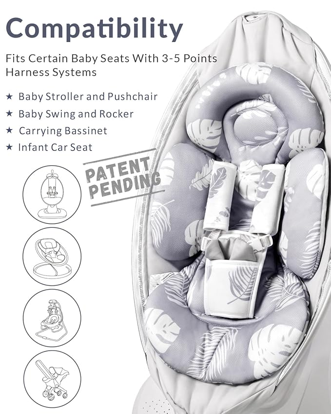 Generic Infant Car Seat Insert Compatible with Mamaroo Swing & Graco Swing and Infant Car Seat, Newborn Insert Baby Head Body Support, Reversible Design, Breathable Soft Fabric, 1Pcs - Grey Leaf