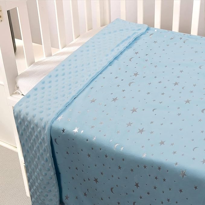 Baby Blanket for Boys Girls Soft Minky with Double Layer Dotted Backing, Star and Moon Printed 30 x 40 Inch Receiving Blanket (Blue)