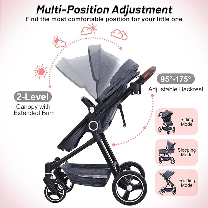 2 in 1 Baby Stroller for Toddler 0-3, Bassinet Stroller for Toddler and Newborn with Large Storage Basket, Shock Absorbing, Removable Seat, Cup Holder