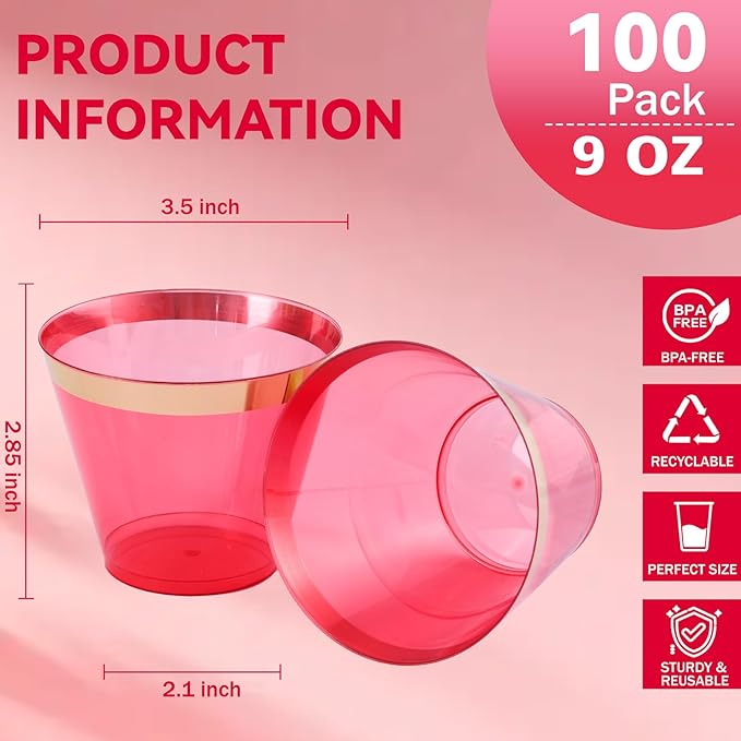 supernal 100 Pcs Red Cups, 9oz Red Plastic Cups with Gold Rim, Plastic Wine Cocktail Glasses Perfect for Party, Wedding and Birthday, Cute Cocktail Party Cup Disposable Wine Glasses