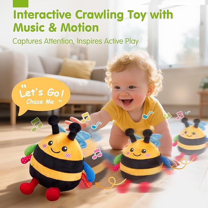 hahaland Baby Toy for 6 + 12 18 Months – Crawling Musical Dancing Bouncing Learning Bee Plush, Interactive Tummy Time Toy for 1 2 3 Year Old Boys Girls Birthday Gifts