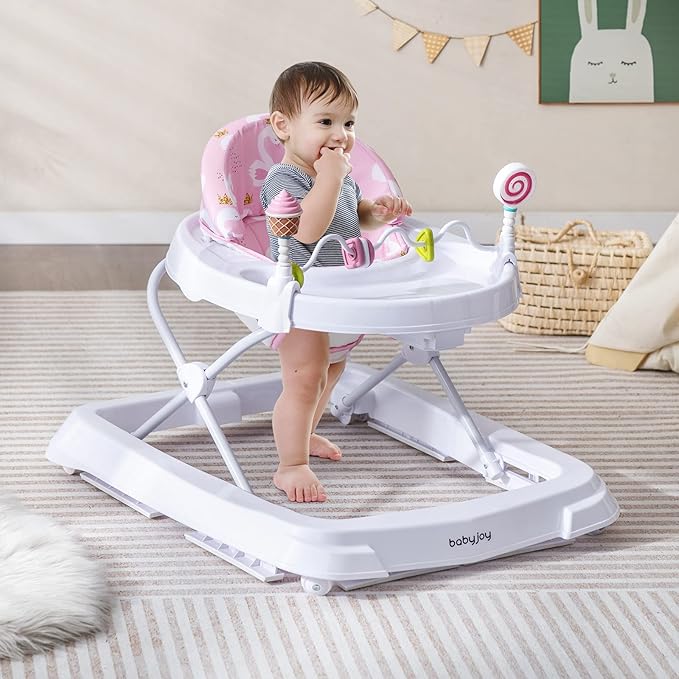 BABY JOY Baby Walker, Foldable Activity Walker with Adjustable Height, Large Tray & Removable Toys, Baby Walker with Wheels for Boys Girls 6-18 Months (Pink, Swan Pattern)