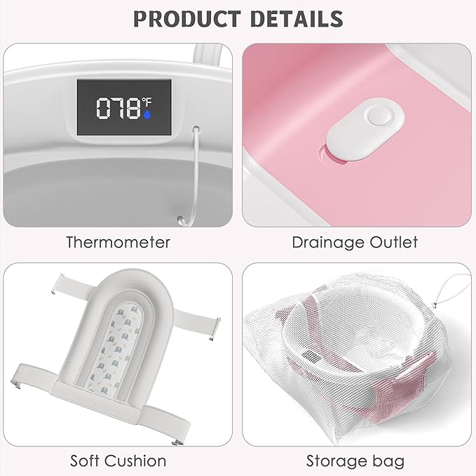 Collapsible Baby Bathtub for Newborn to Toddler 0-36 Months,Extra Large Foldable Infant Bath Tub with Thermometer,Cushion & Drain Hole,Portable Travel Tub, Baby Shower Gift Pink