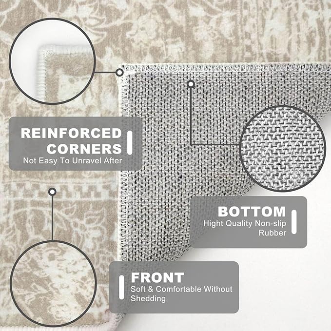 KILOCOCO Moroccan Small Area Rug 2x3 Entryway Rugs Printed Vintage Floral Washable Rug Non-Slip Kitchen Indoor Door Mat, Accent Throw Small Rugs for Laundry Room Bedroom Entrance, Beige