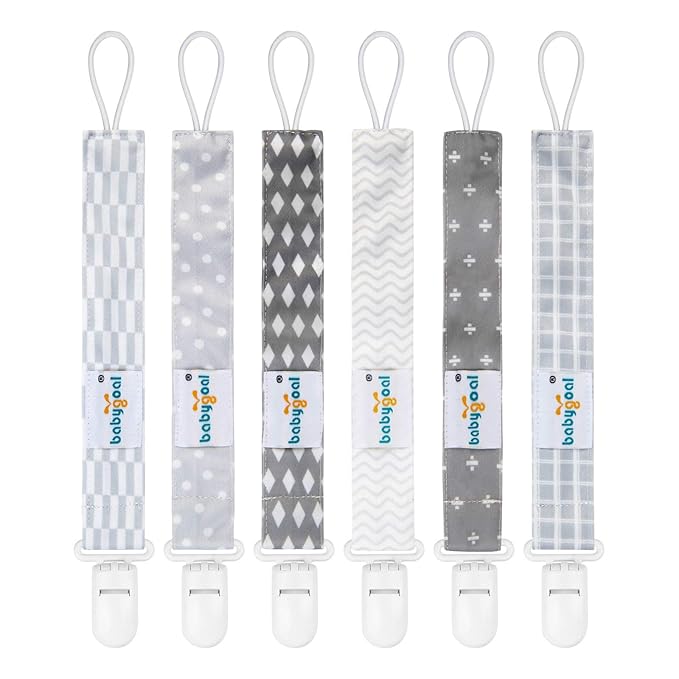 Babygoal Neutral Grey Pacifier Clips, 6 Pack Binky Paci Holder Clip and Leash for Babies Boys and Girls Fits for Most Pacifier, Binkie Styles & Baby Teethers & Toys and Gift 6PS09