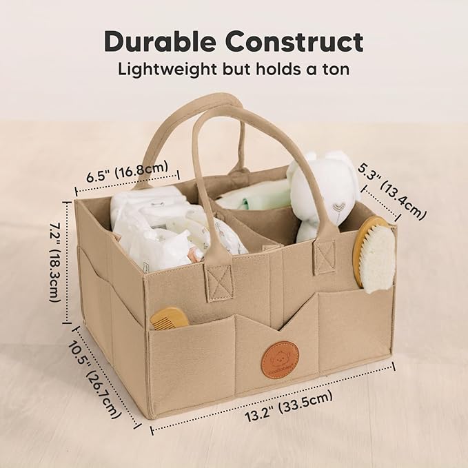 KeaBabies Baby Diaper Caddy Organizer with Handle - Portable Baby Organizers and Storage for Nursery, Changing Table, Large Travel Car Caddy, Girls, Boys Shower Gift Basket, New Mom Gifts (Taupe)