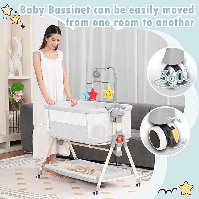Rocking Baby Bassinet, Bedside Bassinet for Baby, 3 in 1 Bedside Sleeper with Musical Toys, Storage Basket and Wheels, Adjustable Bedside Crib for Newborn, White