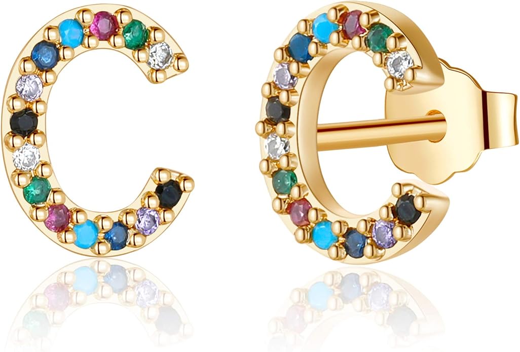 Memorjew Initial Stud Earrings for Women, Hypoallergenic 925 Sterling Silver Post Rainbow Cubic Zirconia Gold Plated 26 Initial Earrings for Women Jewelry Gifts