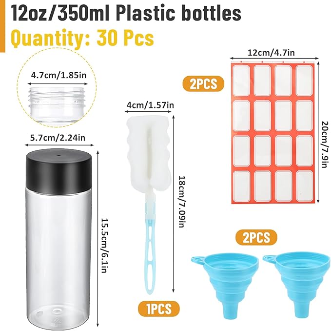 30 Pcs Empty Sensory Bottles,12 oz Leakproof Clear Plastic Juice Water Bottles with Lids,Reusable Drink Containers for Milk Tea Beverages Sensory Crafts Classroom Handmade Party Supply