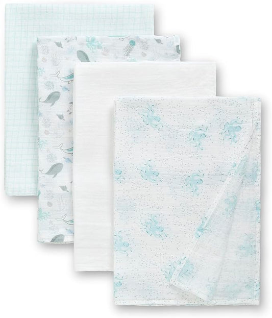 Delta Children 100% Cotton Muslin Baby Receiving Blankets for Girls and Boys – 47x47 Inches (Pack of 4), Sea Life