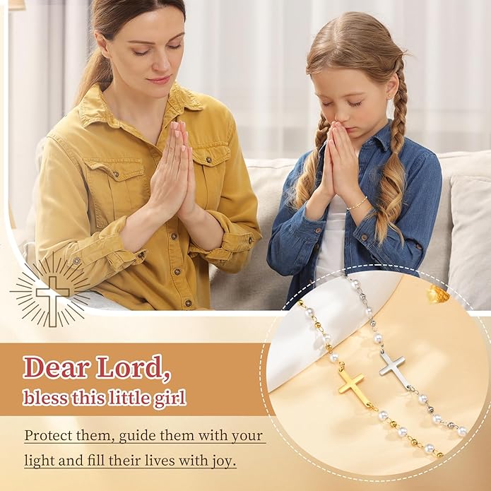 Baby Baptism Cross Bracelet Gift : 18k Gold Plated/Silver Delicate Pearl Cross Bracelets Kids Daughter Granddaughter Birthday First Communion Confirmation Gifts Christian Jewelry for Boys Girls