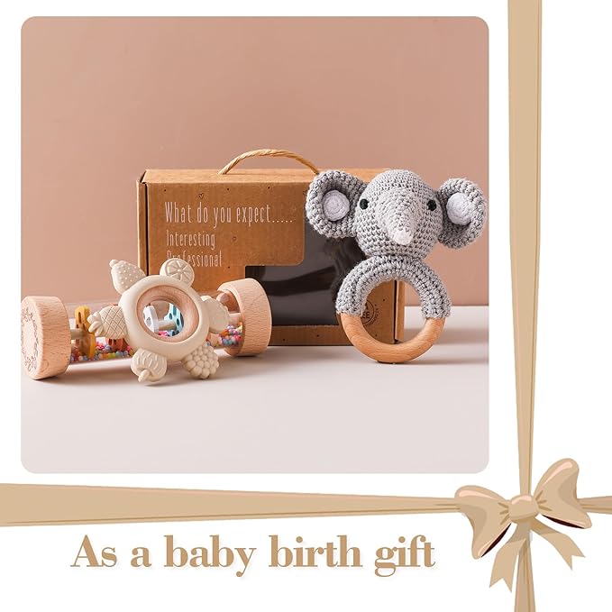 Youuys Wooden Baby Rattle Set (3pcs) - Crochet Rattle Rain Stick Teething Toys, Wooden Montessori Toy for Newborn Infant Baby Rattles Set Toys 3-6-12 Months (Gray Elephant)