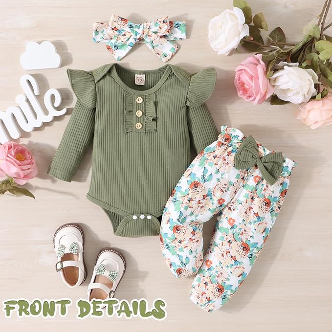 Baby Girl Clothes Newborn Infant Outfits Ruffle Romper+ Floral Pants + Cute Headband Sets for Girls