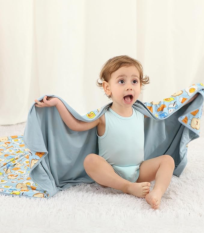 Premium Baby Blanket, Stretchy Quilt for Kid, Soft Crib Bedding for Newborn Baby and Toddler, Nursery Blanket for Boys and Girls, Viscose Made from Bamboo, 50'' x 50'' Blue Breakfast