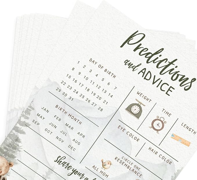 Printed Party Baby Predictions & Advice Cards – Woodland Adventure Baby Shower Game, Adorable Forest Animals Theme for Boy, 30 Pack