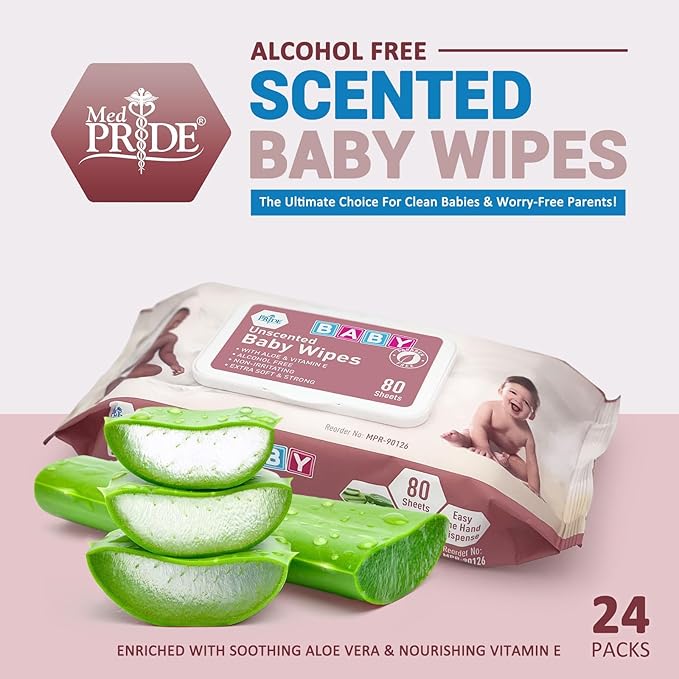 MED PRIDE Unscented Baby Wipes Bulk, 12 X 80 Ct =960 Wipes Total, Alcohol-Free, Aloe Vera & Vitamin E, Extra Soft & Strong, Paraben-Free, Non-Irritating
