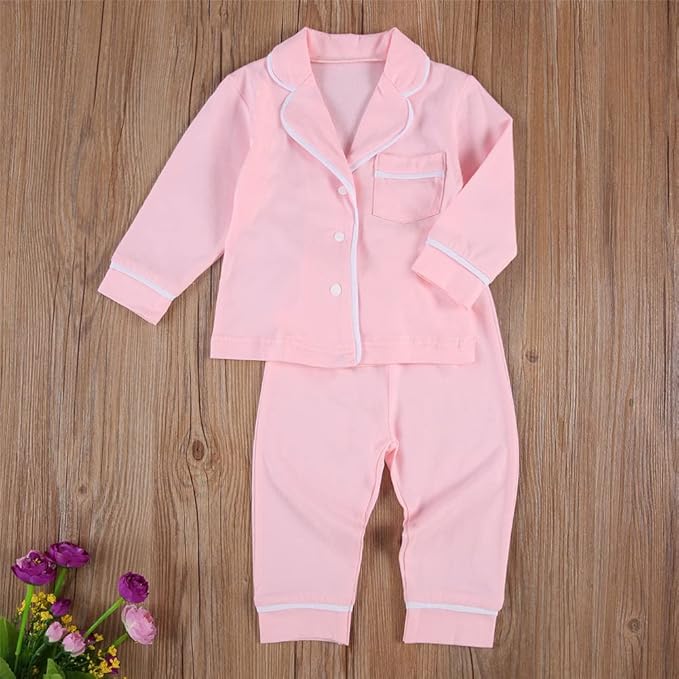 Toddler Kids Baby Girl Solid Pjs Ruffle Long Sleeve Button Shirt Top and Pants Cotton 2Piece Pajamas Set