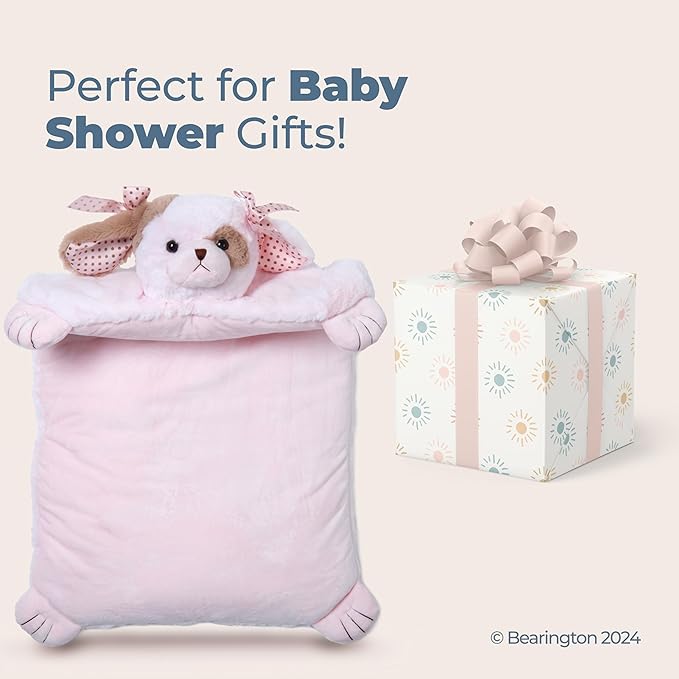 Bearington Baby Wiggles Tummy Time Mat, 30 x 23 Inch Pink Puppy Dog Plush Stuffed Animal Baby Mat Blanket - Puppy Blanket