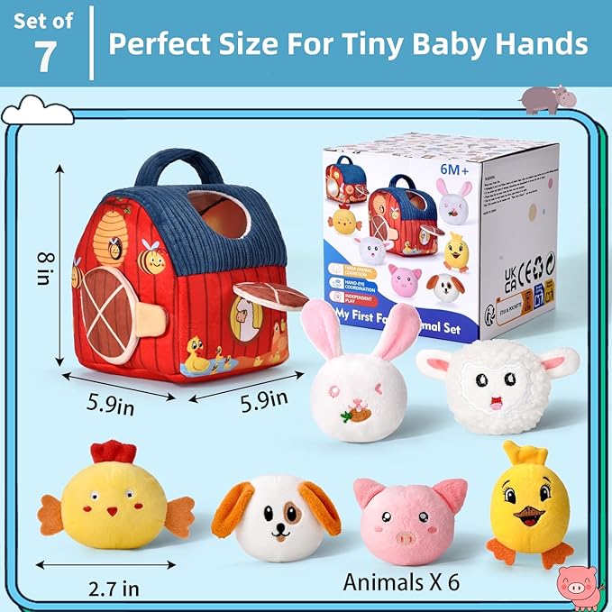 Baby Toys 6-12 Months - Soft Barn Playset with Stuffed Farm Animals, Rattle, Crinkle Paper, Mirror - Montessori Toys for 6 9 12 Months Old Babies, Sensory Balls Toddlers 1-3, 1 Year Old Boy Girl Gifts